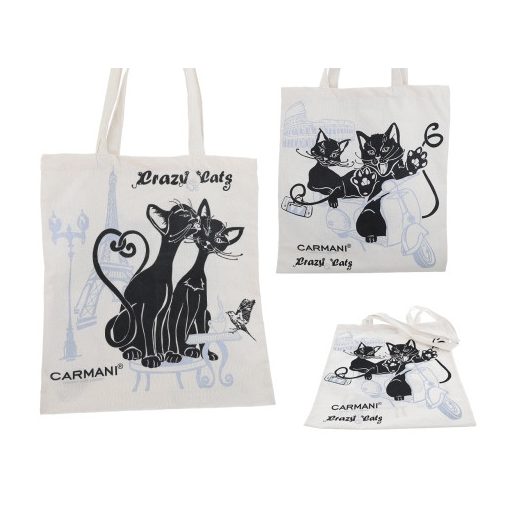 Bevásárló táska 37x41cm, textil,fehér alapon fekete macska, Párizs/Róma