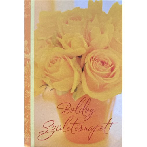 Boldog születésnapot! kinyitható sárga rózsás ajándékkísérő kártya, 5x7,5cm