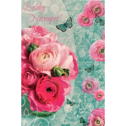 Boldog névnapot! kinyitható rózsás pillangó ajándékkísérő kártya, 5x7,5cm