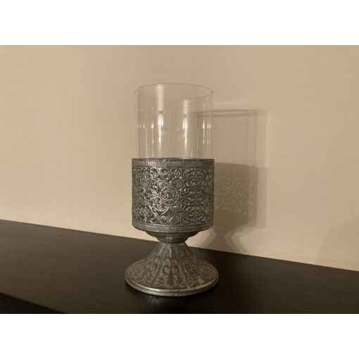 Áttört fém mécsestartó üveg henger búrával 10x24cm