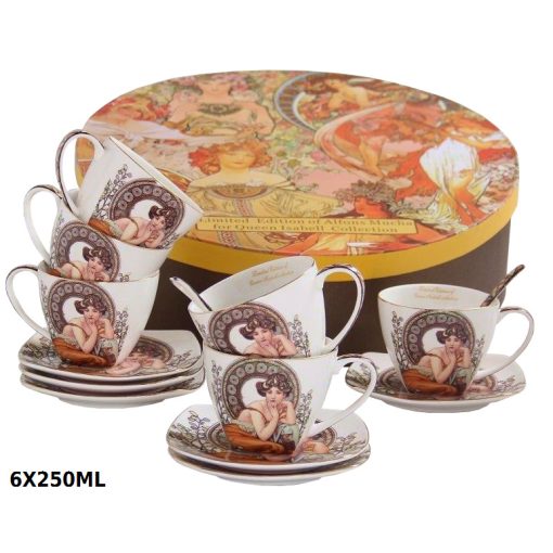 Porceláncsésze+alj 6 személyes, kanállal, 250ml, Mucha: Topáz, fehér