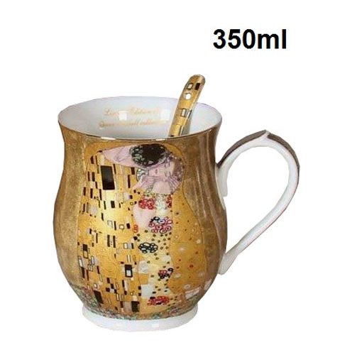 Porcelánbögre kanállal ,korsóforma,350ml,Klimt: The Kiss