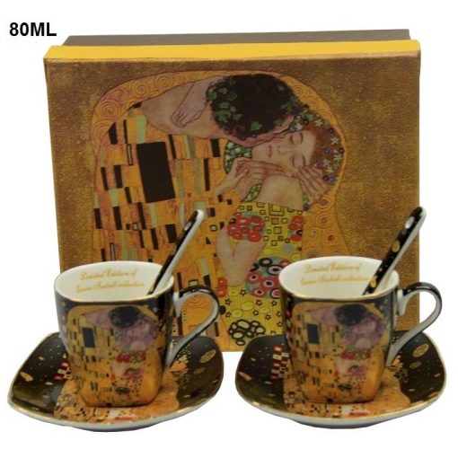 Porceláncsésze+alj,80ml,kanállal,2 személyes,Klimt: The Kiss