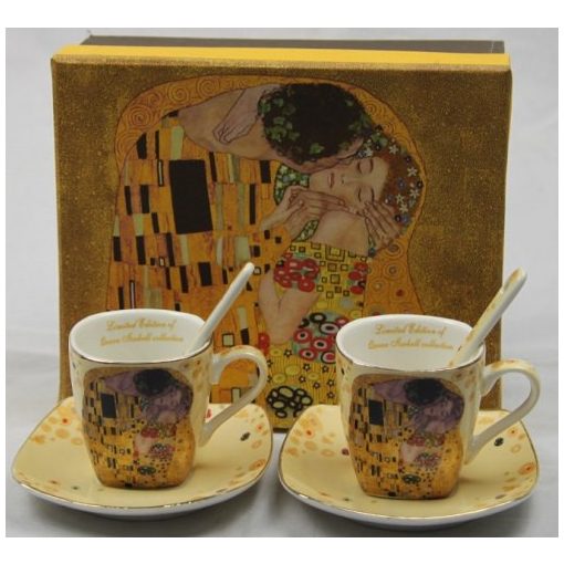 Porceláncsésze+alj szögletes,100ml,kanállal,2 személyes,Klimt:The Kiss,