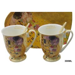   Porcelán bögreszett kanállal, 2 személyes,300 ml, Klimt: The Kiss