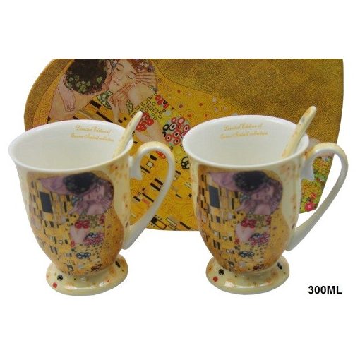 Porcelán bögreszett kanállal, 2 személyes,300 ml, Klimt: The Kiss