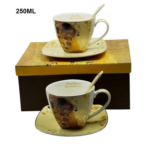Porceláncsésze+alj szögletes 250ml,kanállal,2 személyes,Klimt: The Kiss