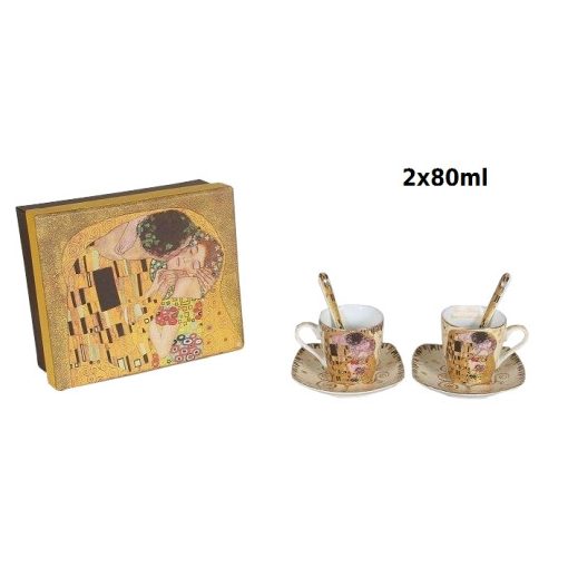 Porceláncsésze+alj szögletes 80 ml,kanállal,2 személyes,Klimt: The Kiss