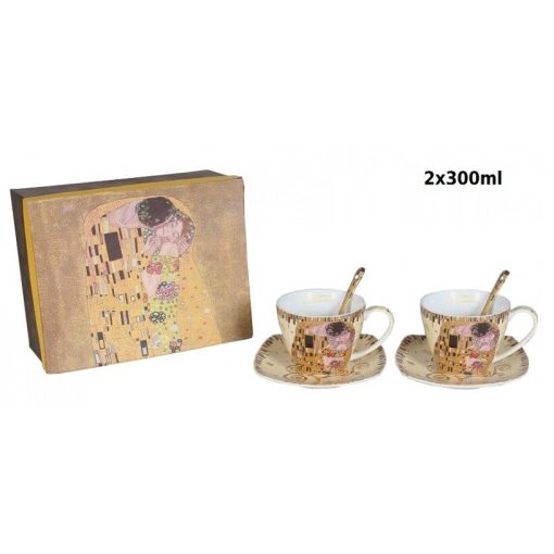 Porceláncsésze+alj szögletes 300 ml,kanállal,2 személyes ,Klimt: The Kiss