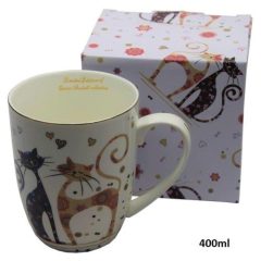 Porcelánbögre 400ml, fekete-barna virágos cicás