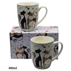   Porcelánbögre 2db-os szett,400ml,fekete-barna virágos cicás