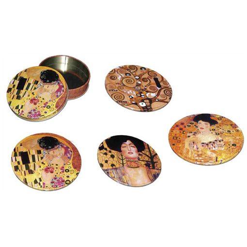 Poháralátét fém-parafa 4db-os szett fémdobozban, Klimt vegyes