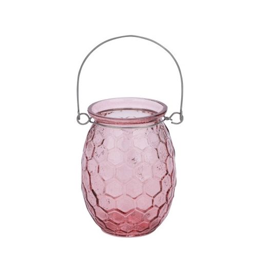Pink üveg mécsestartó méhsejtes, felakasztható, 7,5x7,5x10cm
