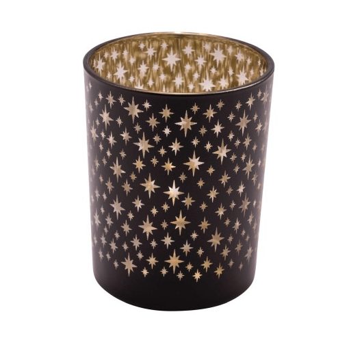 Fekete üveg mécsestartó pohár arany csillagos, 7x7x7,8cm