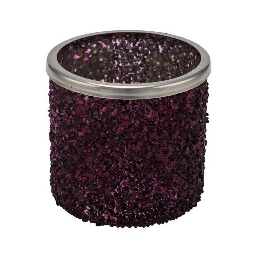 Üveg gyertyatartó, lila glitteres, 11x11x10cm