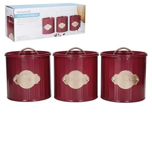 Tea/Kávé/Cukortartó fémdobozszett, fémtetővel, 11x11,5cm, 1L, Burgundi