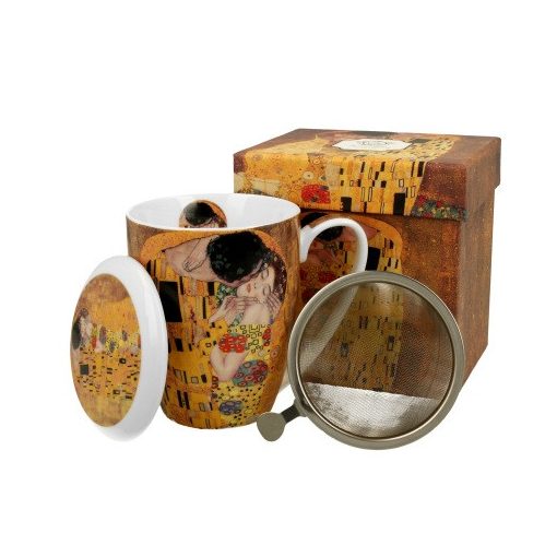 Porcelánbögre tetővel, fémszűrővel, 380ml, dobozban, Klimt: The Kiss