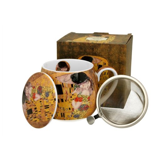 Porcelánbögre tetővel, fémszűrővel, 430ml, dobozban, Klimt: The Kiss