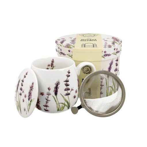 Porcelánbögre tetővel, fémszűrővel, 400ml, dobozban, Classic Lavender