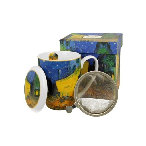 Porcelánbögre tetővel, fémszűrővel 380ml dobozban, Van Gogh: Kávéház éjjel