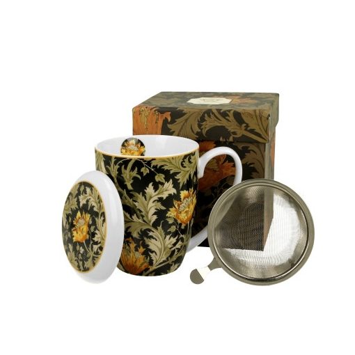 Porcelánbögre tetővel, fémszűrővel, 380ml, dobozban, William Morris: Chrysanthemum