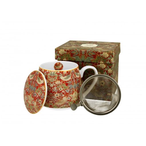 Porcelánbögre tetővel,fémszűrővel,430ml,dobozban, William Morris: Strawberry Thief Red