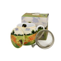   Porcelánbögre tetővel,fémszűrővel, 430ml, dobozban, Monet:Pipacsmező