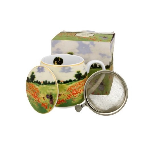 Porcelánbögre tetővel,fémszűrővel, 430ml, dobozban, Monet:Pipacsmező