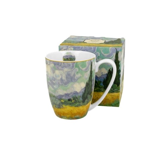 Porcelánbögre 380ml, dobozban, Van Gogh: Búzaföld Ciprusokkal