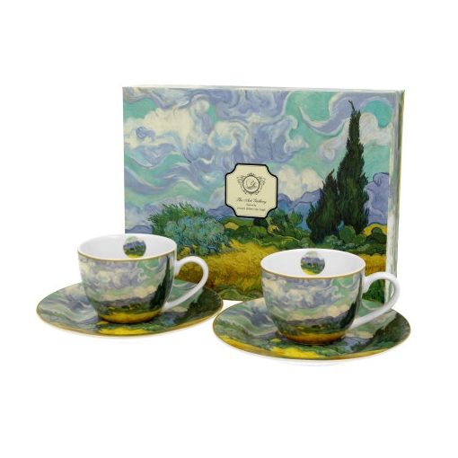 Porceláncsésze+alj, 110ml, 2 személyes, dobozban, Van Gogh: Búzaföld Ciprusokkal