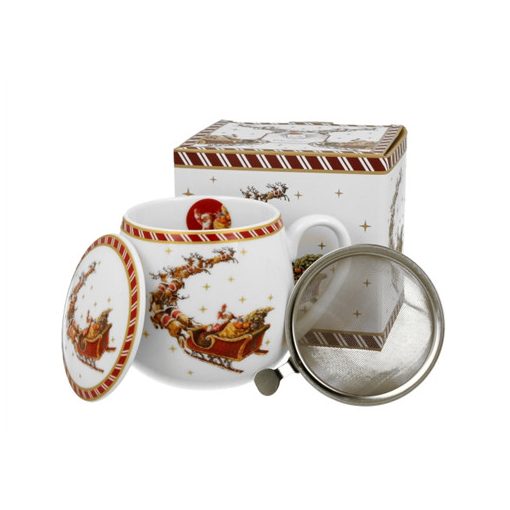 Porcelánbögre tetővel, fémszűrővel, 430ml, dobozban, Santa on Sleigh