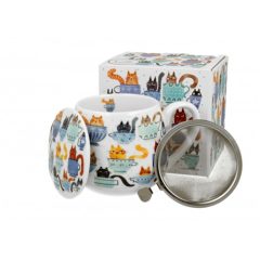   Porcelánbögre tetővel,fémszűrővel,430ml,dobozban, Teacup Cats