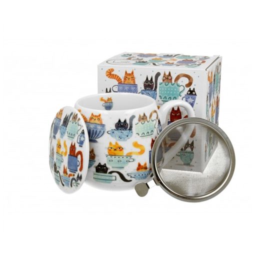 Porcelánbögre tetővel,fémszűrővel,430ml,dobozban, Teacup Cats