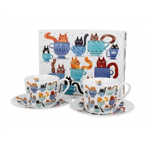 Porceláncsésze+alj, 230ml, 2 személyes, dobozban, Teacup Cats