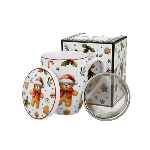 Porcelánbögre tetővel, fémszűrővel, 360ml, dobozban, Christmas Cuties