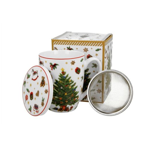 Porcelánbögre tetővel, fémszűrővel, 360ml, dobozban, Christmas Tree