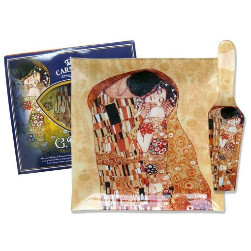 Üveg süteményes kínáló 25x25cm, lapáttal, Klimt:The Kiss