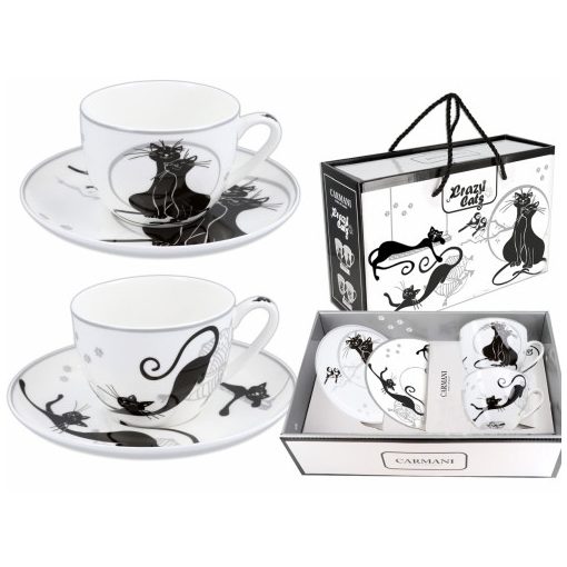 Porceláncsésze+alj 250ml, 2 személyes, fekete macskás