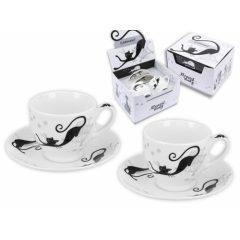   Porceláncsésze+alj, 100ml, 2 személyes szett, fekete macskás -lusták