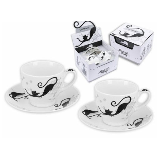 Porceláncsésze+alj, 100ml, 2 személyes szett, fekete macskás -lusták