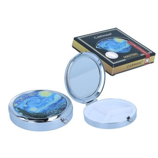 Gyógyszeres fémdoboz 3 fakkos műanyag belsővel,tükörrel 7x7x1,5cm,Van Gogh: Csillagos éj