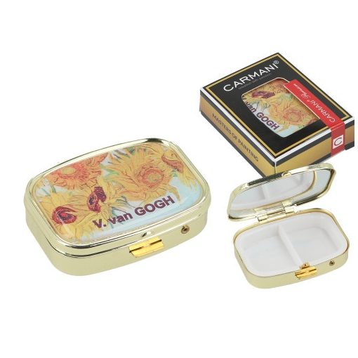 Gyógyszeres fémdoboz osztott műanyag belsővel, tükörrel 5,5x4x1,5cm, Van Gogh: Napraforgók