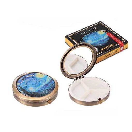 Gyógyszeres fémdoboz 3 fakkos,műanyag belsővel,tükörrel, 7x7x1,5cm,Van Gogh:Csillagos éj