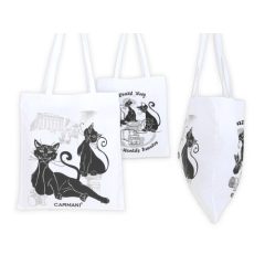   Bevásárló táska, 37x41cm, textil, fehér alapon fekete macska, Athens