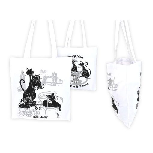 Bevásárló táska 37x41cm, textil, fehér alapon fekete macska, London