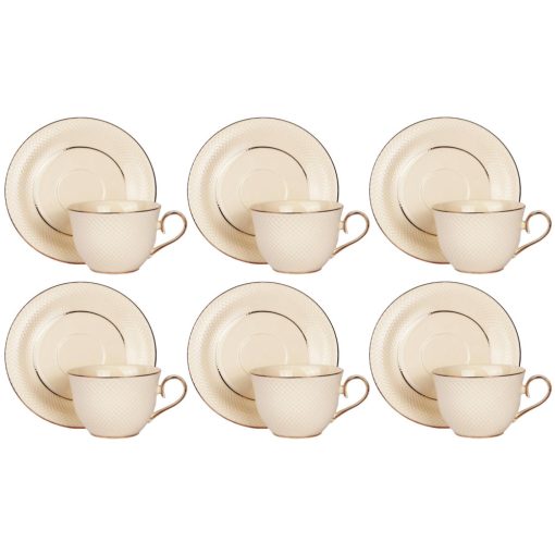 Puccini dombormintás porceláncsésze+alj, krém, 6 személyes, 250ml, dobozban