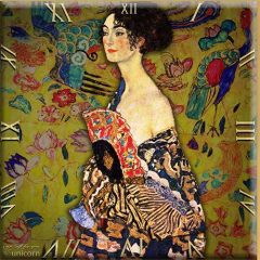   Üveg falióra 30x30cm, Klimt: Hölgy legyezővel(Pávás nő)
