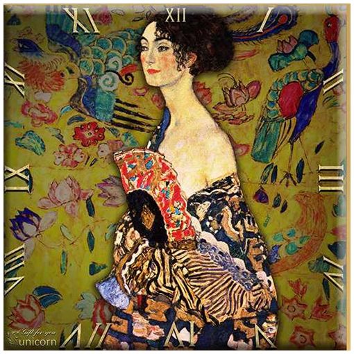 Üveg falióra 30x30cm, Klimt: Hölgy legyezővel(Pávás nő)