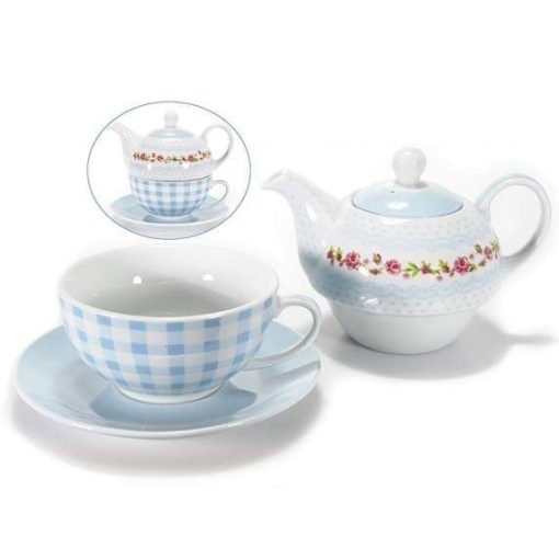 Kék, virágos teázó szett (Csésze: 270 ml,  kiöntő: 420 ml)
