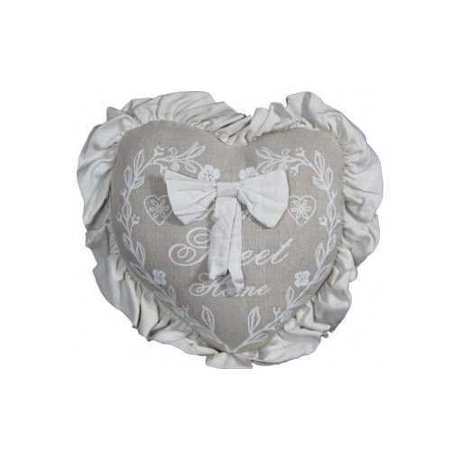 Fodros szélű szív alakú sweet home párna, 35x35cm, 65% pamut 35% len